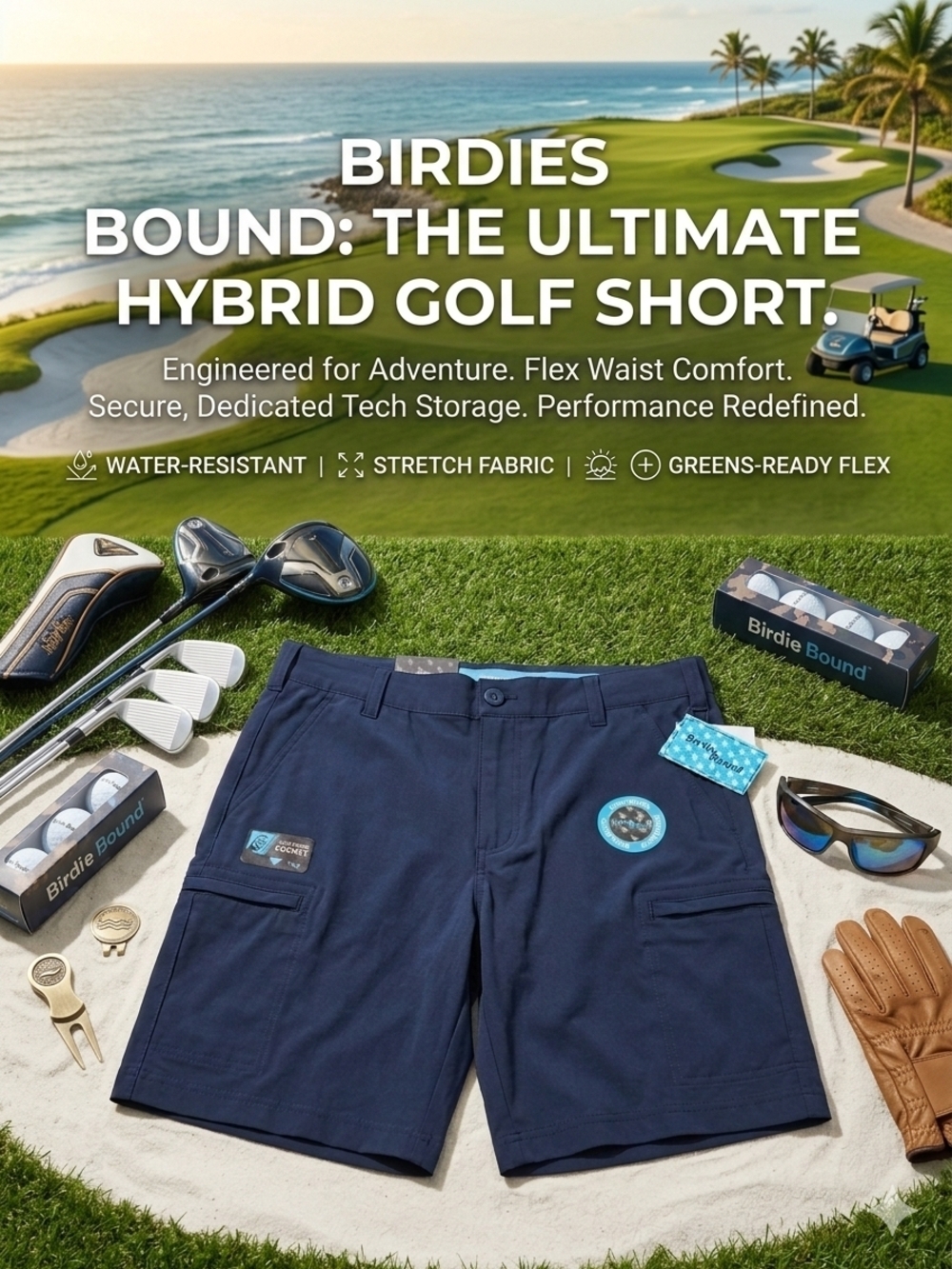 Men's Birdie Bound Performance Golf Performance Shorts Size 32 Navy Blue NWT
